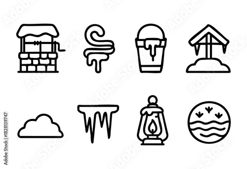 Set of eight winter themed line icons. Includes a snow-covered well, melting snow, bucket, icy roof, cloud, icicle, lantern and footprints in the snow. Simple black line art on white background.