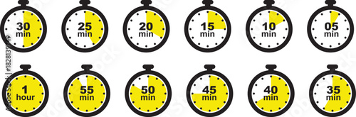 Set of timer clock faces and stopwatch icons. The countdown timer displays hours and minutes. Stopwatch shows intervals ranging from 5 to 60 minutes. Kitchen timer icon with minutes. Vector