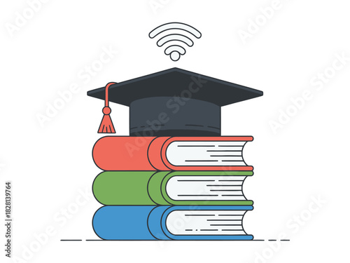 A graduation cap sits atop a stack of colorful books with a Wi-Fi symbol above it.