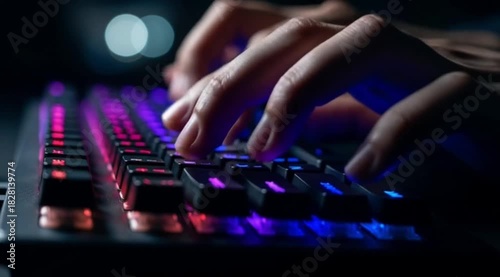 Hands typing rapidly on illuminated keyboard in dark room setting