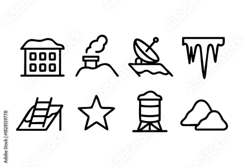 Set of eight simple line icons depicting various winter scenes and objects, including a snow-covered house, a chimney with smoke, a satellite dish, an icicle, a ladder on a snowy roof, a star, a water