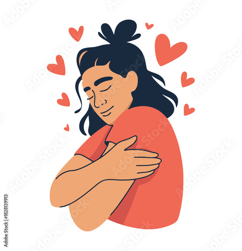 A person embraces themselves with hearts floating around them.