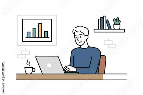 A man is working on a laptop computer at a desk with a cup of coffee.