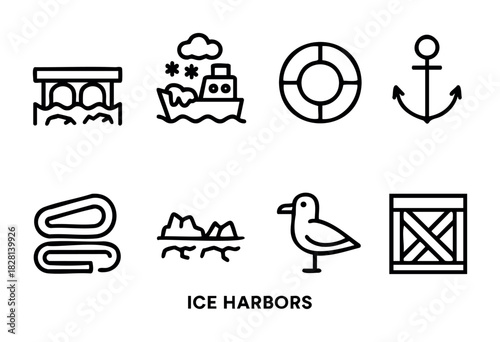A set of eight line icons depicting various elements related to ice harbors. The icons include a bridge, ship, lifebuoy, anchor, ice floes, seagulls, and cargo crate. Simple, bold line art style, perf