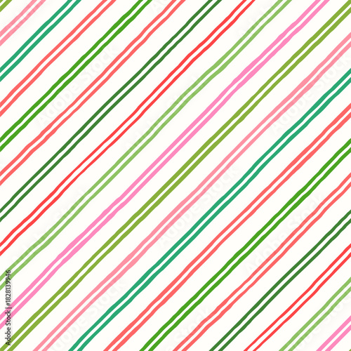 Red, green and pink double diagonal stripes vector seamless pattern, Slanted jagged lines Christmas background