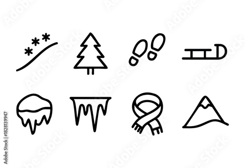 Set of eight hand-drawn winter icons in bold black line style. Includes snowy hill, fir tree, footprints, sled, icicles, scarf, and mountain peak. Perfect for winter design projects.