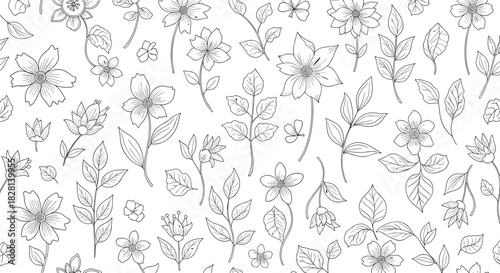 A delicate and beautiful seamless pattern of various hand-drawn wildflowers and leaves in a black and white outline doodle style.