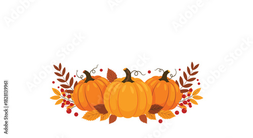 A beautiful autumn arrangement of three orange pumpkins surrounded by fall leaves and red berries forming a bottom border for text.