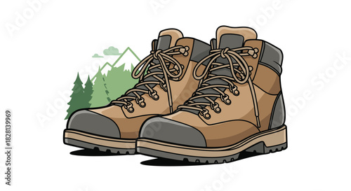 A detailed illustration of a pair of sturdy brown hiking boots ready for adventure with a mountain and forest landscape behind them.