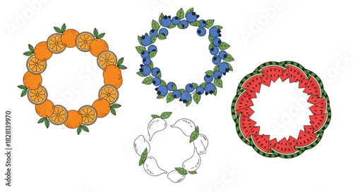 A vibrant set of four circular fruit wreaths made of fresh oranges blueberries watermelons and pears creating beautiful frames.