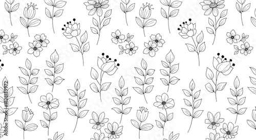 A simple and elegant seamless pattern of various hand-drawn wildflowers and leafy stems in a clean black and white outline style.