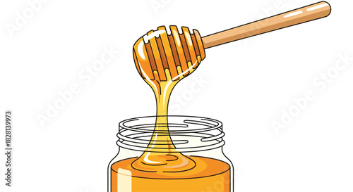 A delicious close-up illustration of a wooden honey dipper being lifted from a glass jar with golden honey dripping from it.