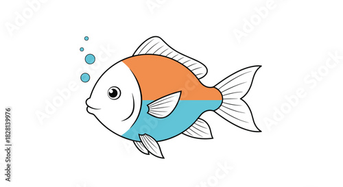 A simple and modern illustration of a cute fish with an orange top half and a blue bottom half swimming with little air bubbles.