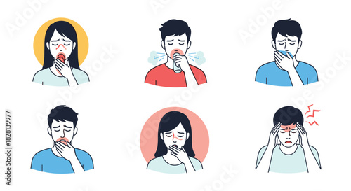 A useful set of six icons showing people suffering from common flu cold or allergy symptoms like coughing sneezing and headaches.