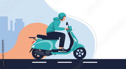 A modern flat vector illustration of a person wearing a helmet and riding a stylish turquoise scooter through a city landscape.