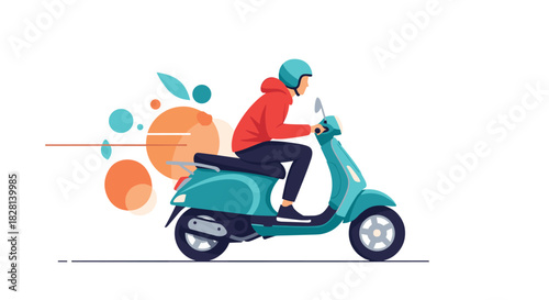 A dynamic flat vector illustration of a young man in a red hoodie and helmet riding a turquoise scooter at high speed with trails.