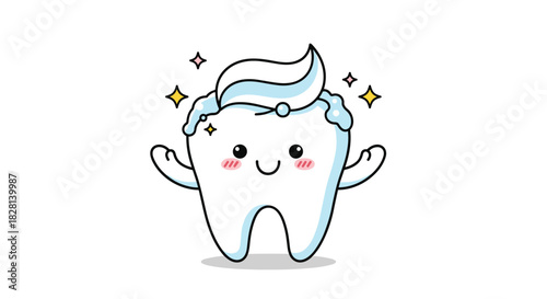 An adorable and happy kawaii tooth character smiling with sparkling clean effects and a dollop of fresh toothpaste on its head.