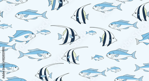 A serene seamless pattern of various blue and white fish including Moorish idols swimming together in clear light blue ocean water.