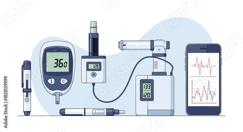 A collection of modern medical devices for health monitoring including a glucometer blood pressure monitor and a connected smartphone.
