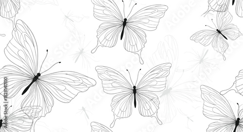 Seamless and elegant monochrome pattern of delicate flying butterflies in a beautiful black and white line art style.