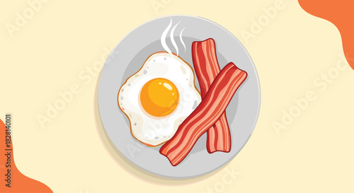 Top-down illustration of a classic breakfast plate with a steaming sunny-side-up fried egg and crispy bacon strips.