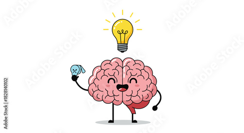 Cute cartoon brain character having a great idea represented by a glowing lightbulb and holding a final puzzle piece.