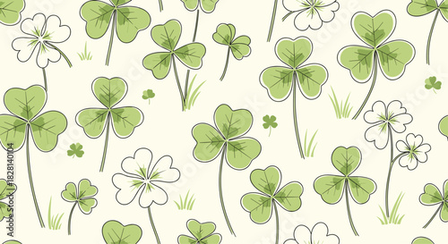 Seamless pattern of hand-drawn green shamrocks and lucky four-leaf clovers for a Saint Patrick's Day celebration.