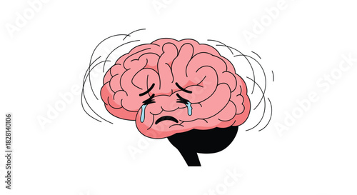 Cartoon illustration of a sad and stressed brain character shaking and crying to represent mental health issues or anxiety.