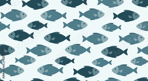Seamless pattern of simple flat design fish swimming in different shades of blue on a light aqua-colored background.