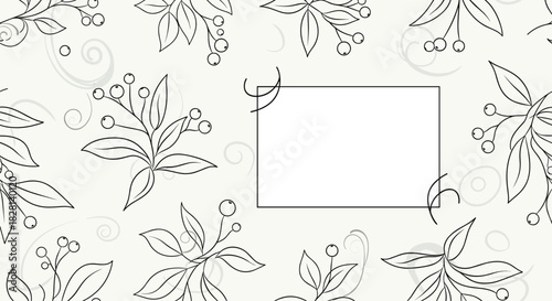 Elegant background with a hand-drawn pattern of berry branches and a blank rectangular frame for text or an invitation.