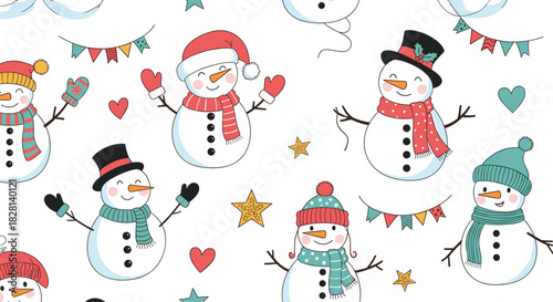 Cheerful seamless Christmas pattern with cute cartoon snowmen wearing colorful winter hats and scarves on a white background.
