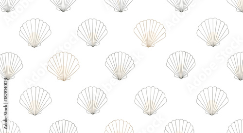Elegant and minimalist seamless pattern of art deco style seashell outlines in gold and grey on a white background.
