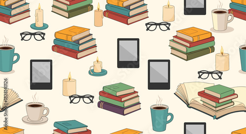 Cozy seamless pattern for book lovers with stacks of books e-readers glasses candles and coffee on a light background.