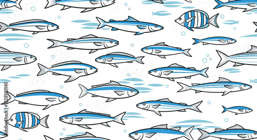 Seamless pattern of a swimming school of fish including sardines and other species in a blue and white graphic style.