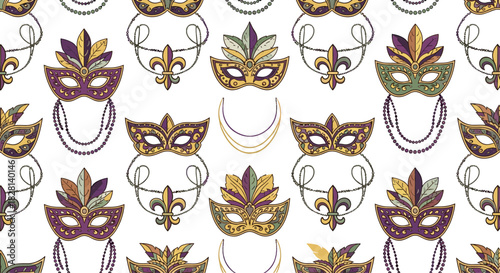Ornate seamless pattern of colorful Mardi Gras masks with beads and fleur-de-lis symbols for a festive carnival celebration.