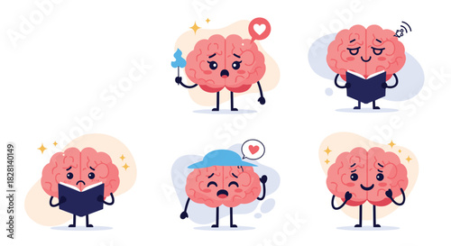 Set of six cute cartoon brain characters showing a variety of emotions and activities like reading thinking and feeling love.