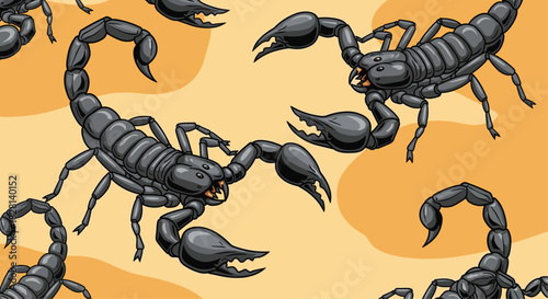 Seamless pattern of detailed and realistic black emperor scorpions on a sandy yellow desert-colored background.