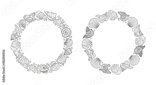 Set of two hand-drawn circular wreaths made of various seashells and starfish in a detailed black and white engraving style.