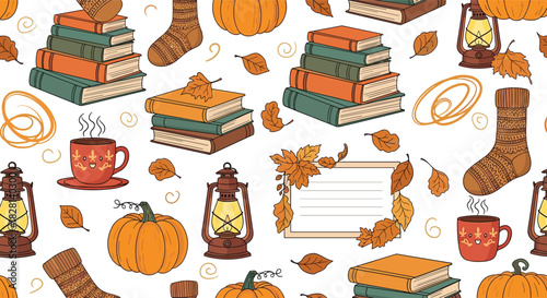 A cozy and charming seamless autumn pattern featuring stacks of books pumpkins warm socks lanterns and steaming mugs of hot cocoa.