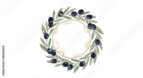 An elegant watercolor style wreath made of green olive branches and ripe black olives creating a circular frame for text or a logo.