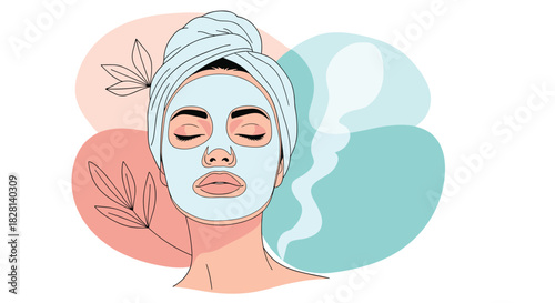A serene illustration of a woman relaxing with her eyes closed wearing a cosmetic face mask and a towel wrapped around her head.