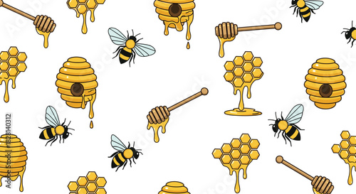 Seamless pattern of cartoon bees honeycombs beehives and honey dippers on a simple clean white background.