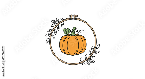 Cute autumn illustration of an orange pumpkin inside an embroidery hoop decorated with botanical vine elements.