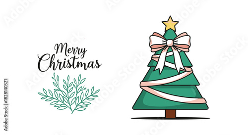A charming Merry Christmas greeting card design with elegant cursive text and a beautifully decorated cartoon tree with a star and bow.