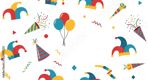 A fun and festive background for April Fool's Day or a carnival party with colorful jester hats balloons and confetti elements.