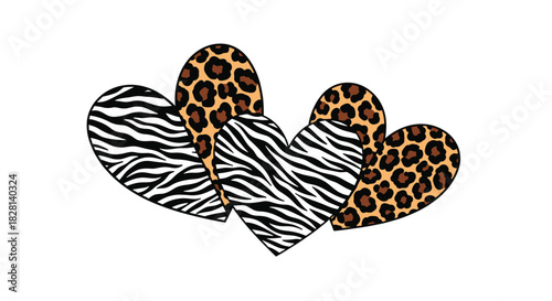 A trendy composition of five overlapping hearts featuring bold black and white zebra stripes and classic leopard print animal patterns.