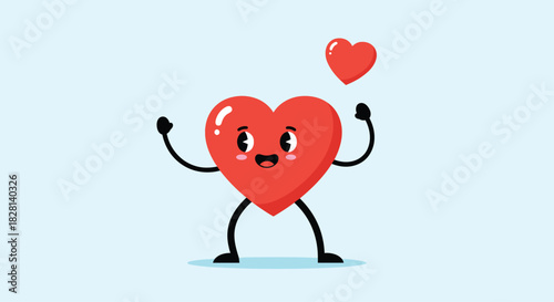 An adorable and happy red heart cartoon character with a smiling face arms and legs jumping for joy with a smaller heart above it.
