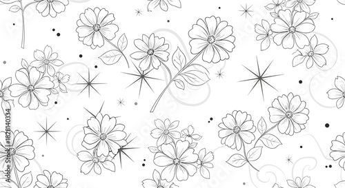 An elegant seamless floral pattern featuring delicate hand-drawn outline flowers leaves stars and swirls on a clean white background.