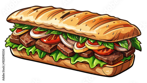 Very beautiful semi-realistic vector illustration of a grilled steak ciabatta sandwich, featuring tender sliced steak, golden toasted ciabatta, fresh greens, and vibrant layered textures, presented 