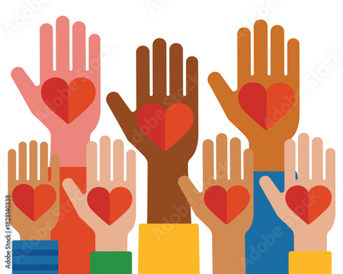 Illustration of diverse hands raised with red hearts on palms against white on transparent background